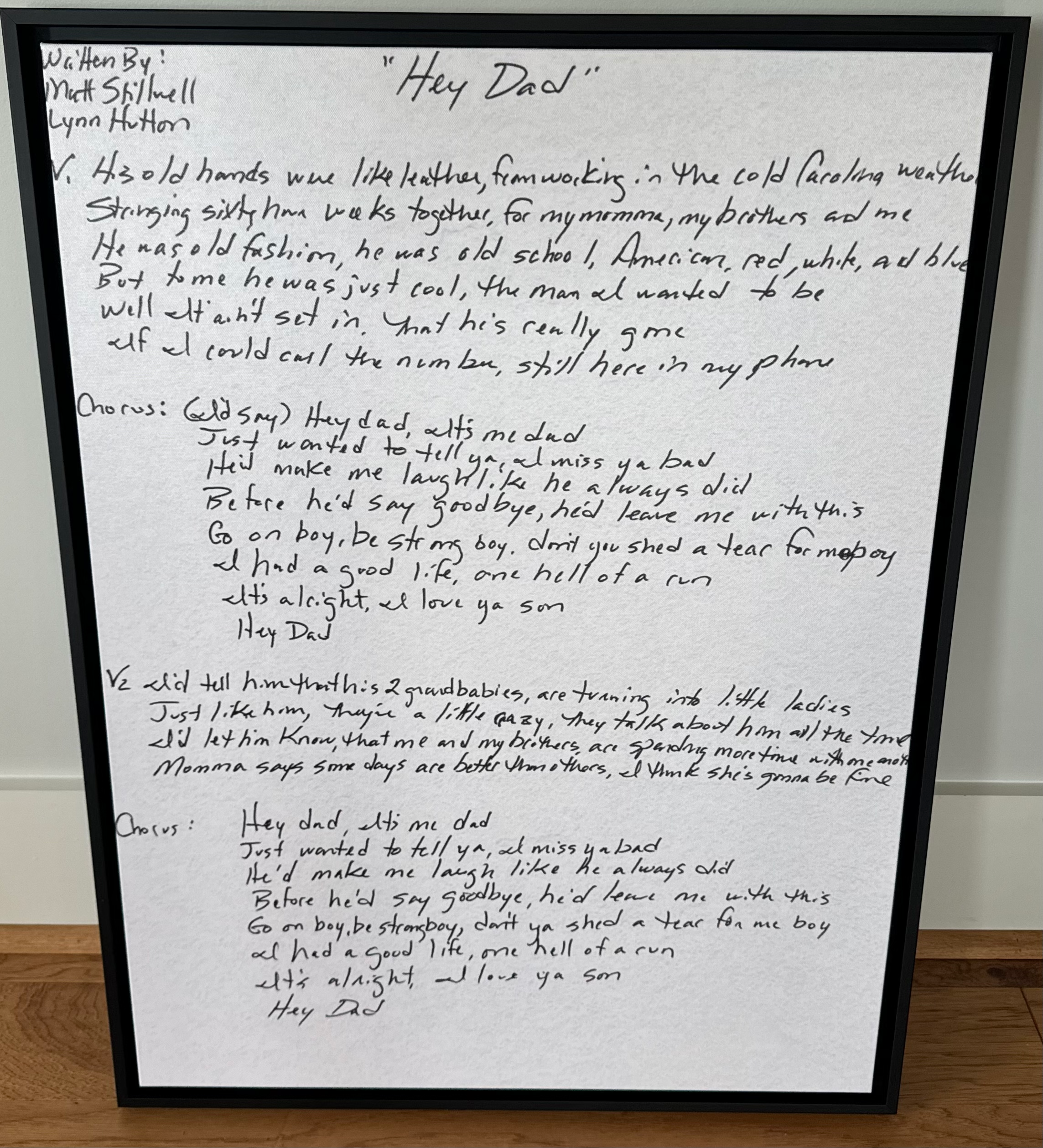 Signed Hey Dad Handwritten Lyrics on Canvas